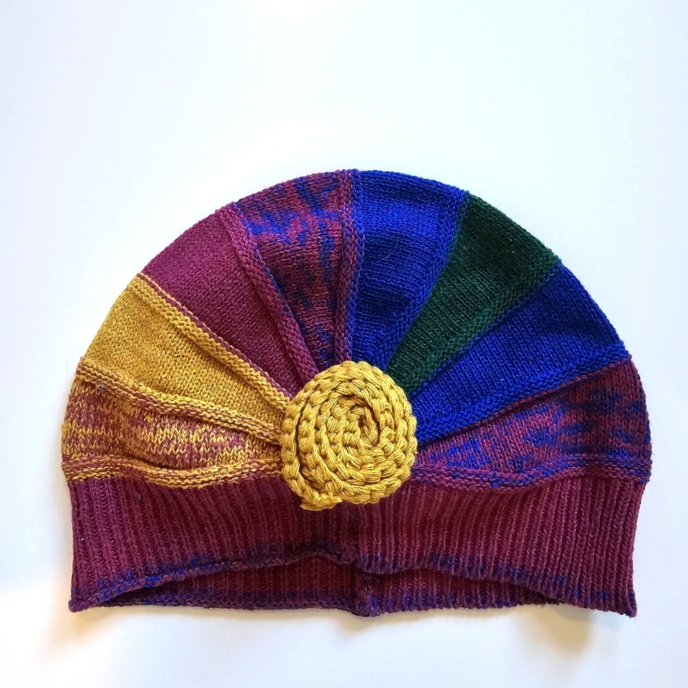 Knit flower beanie hat earwarmer rainbow grannycore